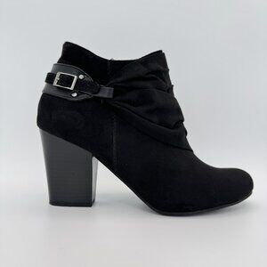 LAURA ASHLEY La Grand Ankle Bootie 7.5 Black Ruched Buckle Block Heel Evening